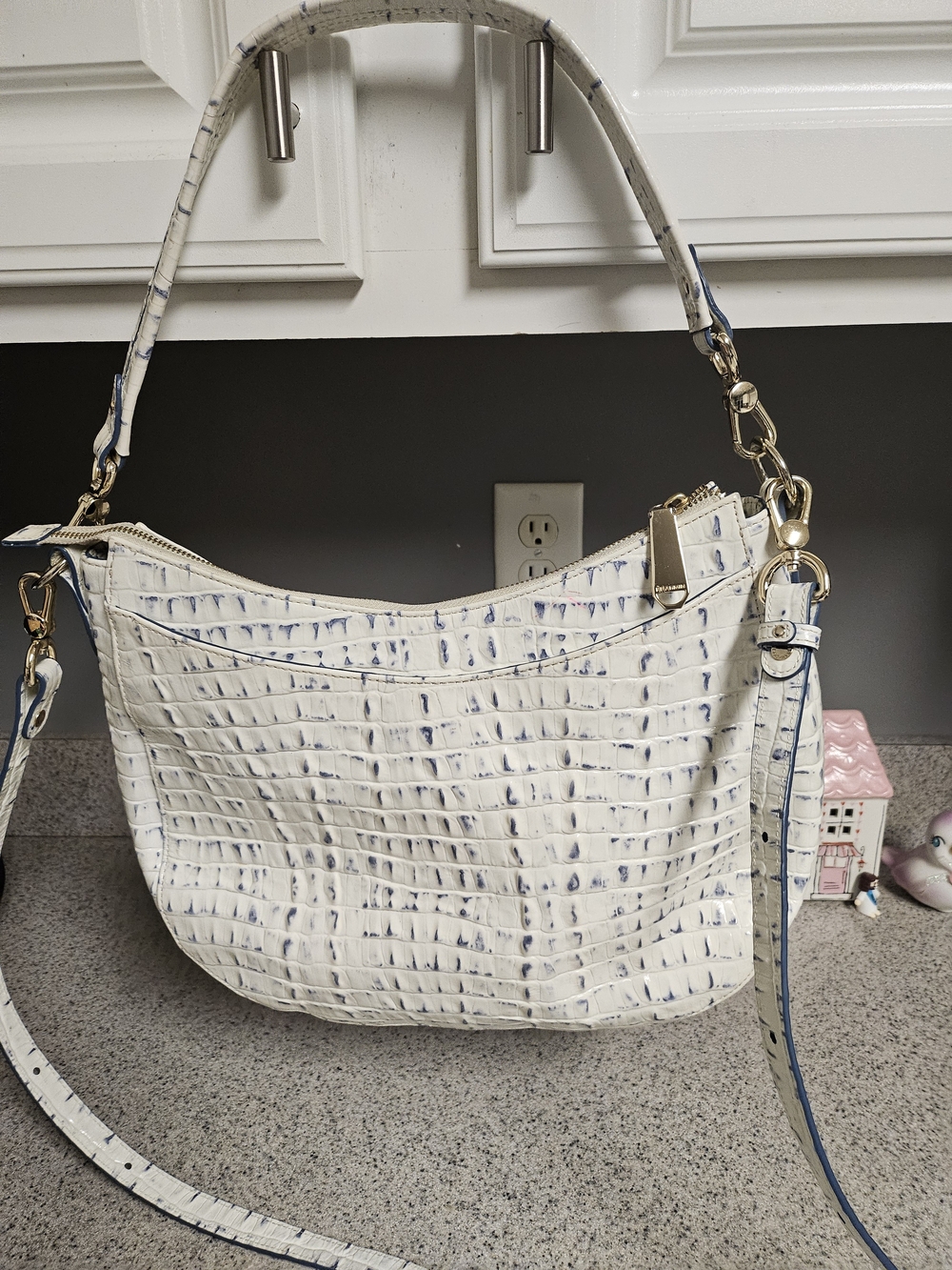 Brahmin White Croc-Embossed Shoulder Bag with Navy Accents - Picture 10 of 16